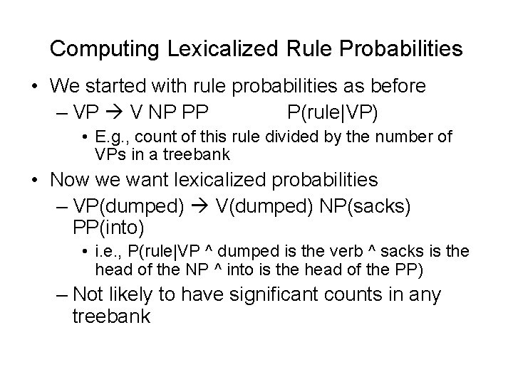 Computing Lexicalized Rule Probabilities • We started with rule probabilities as before – VP