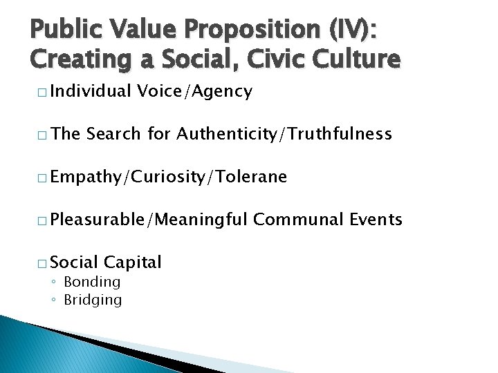 Public Value Proposition (IV): Creating a Social, Civic Culture � Individual � The Voice/Agency