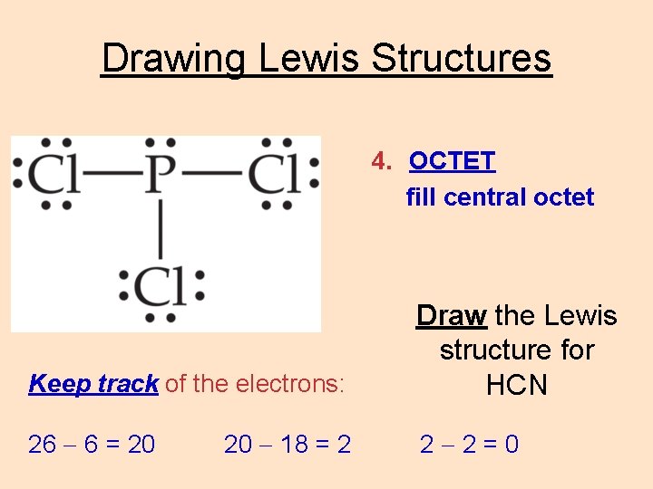 Drawing Lewis Structures 4. OCTET fill central octet Keep track of the electrons: Draw