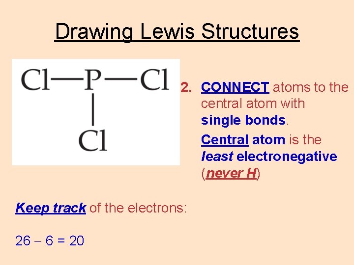 Drawing Lewis Structures 2. CONNECT atoms to the central atom with single bonds. Central