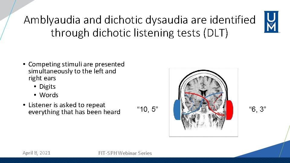 Amblyaudia and dichotic dysaudia are identified through dichotic listening tests (DLT) • Competing stimuli