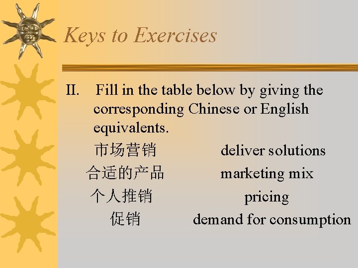 Keys to Exercises II. Fill in the table below by giving the corresponding Chinese