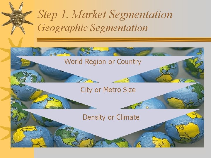 Step 1. Market Segmentation Geographic Segmentation World Region or Country City or Metro Size