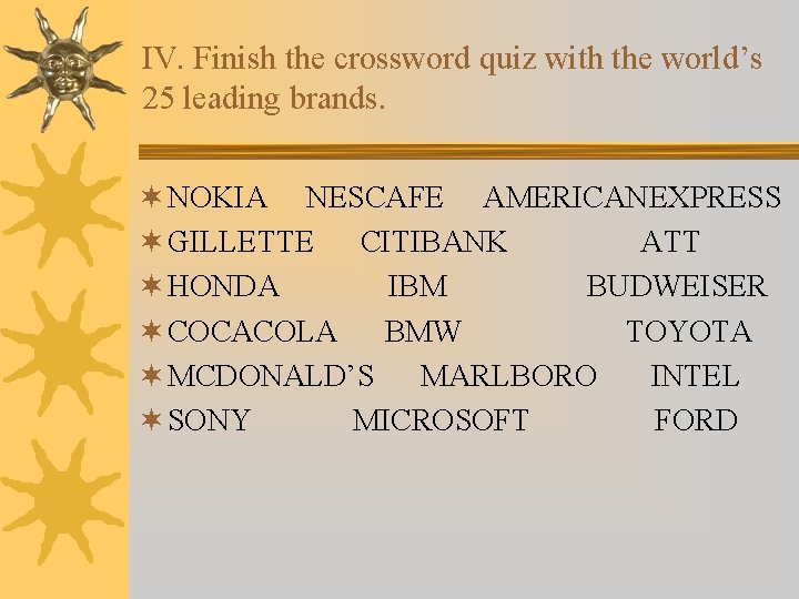 IV. Finish the crossword quiz with the world’s 25 leading brands. ¬ NOKIA NESCAFE