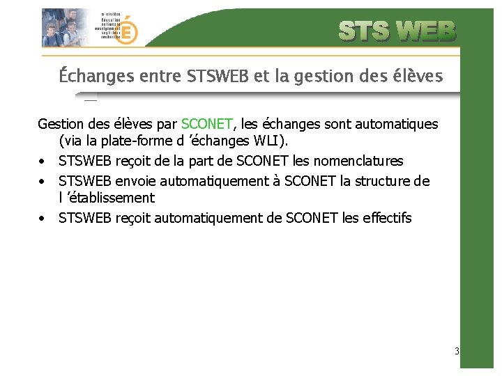 Échanges entre STSWEB et la gestion des élèves Gestion des élèves par SCONET, les