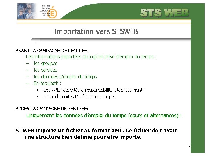 Importation vers STSWEB AVANT LA CAMPAGNE DE RENTREE: Les informations importées du logiciel privé