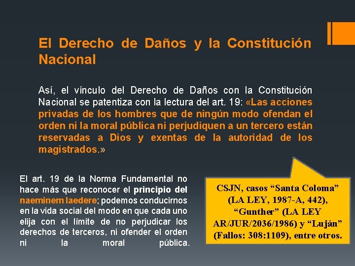 El Derecho de Daños y la Constitución Nacional Así, el vínculo del Derecho de