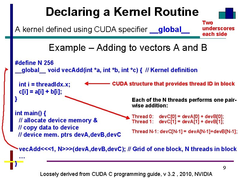 Declaring a Kernel Routine A kernel defined using CUDA specifier __global__ Two underscores each