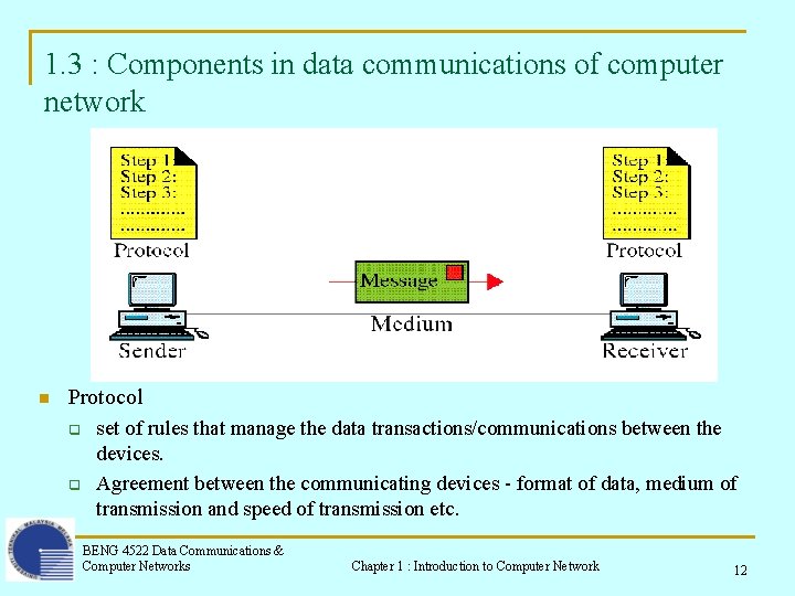 1. 3 : Components in data communications of computer network n Protocol q q 1. 3 : Components in data communications of computer network n Protocol q q