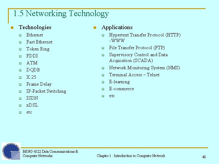 1. 5 Networking Technology n Technologies q q q Ethernet Fast Ethernet Token Ring 1. 5 Networking Technology n Technologies q q q Ethernet Fast Ethernet Token Ring