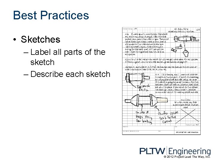 Best Practices • Sketches – Label all parts of the sketch – Describe each