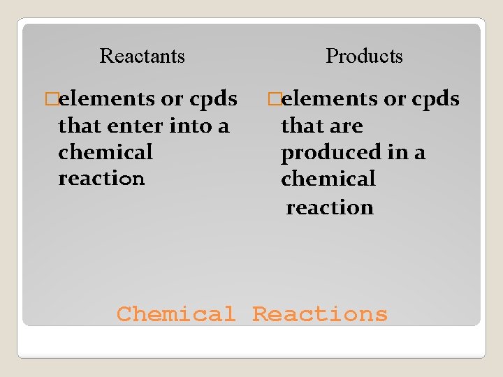 Reactants Products �elements or cpds that enter into a chemical reaction that are produced