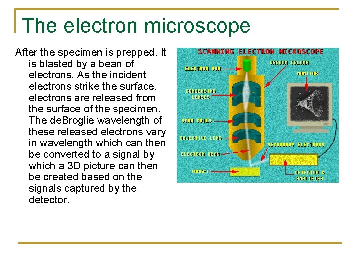 The electron microscope After the specimen is prepped. It is blasted by a bean