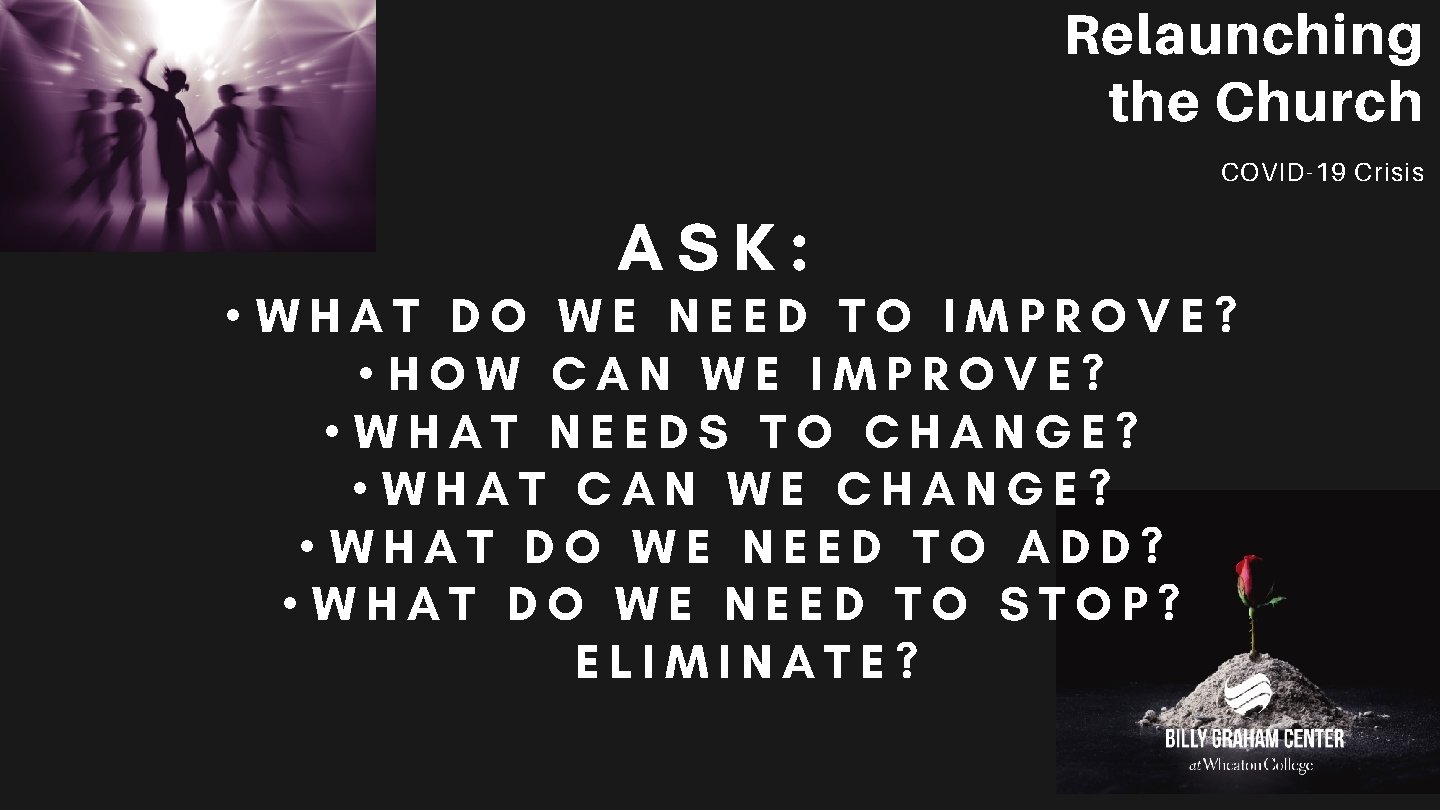 Relaunching the Church COVID-19 Crisis ASK: • WHAT DO WE NEED TO IMPROVE? •