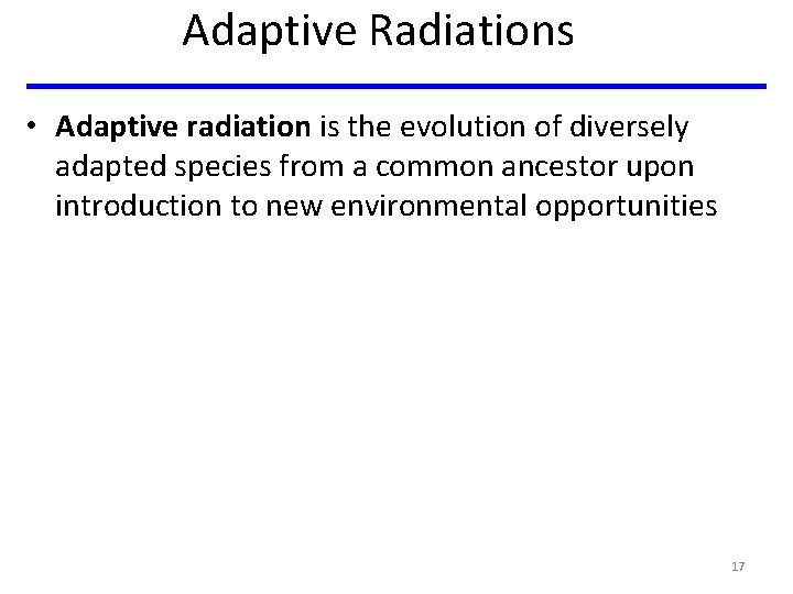 Adaptive Radiations • Adaptive radiation is the evolution of diversely adapted species from a