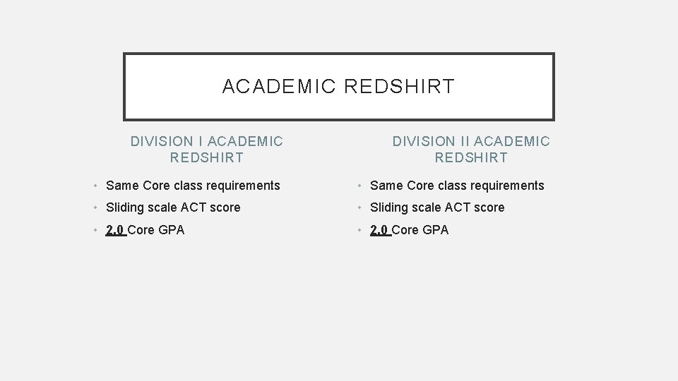 ACADEMIC REDSHIRT DIVISION II ACADEMIC REDSHIRT • Same Core class requirements • Sliding scale