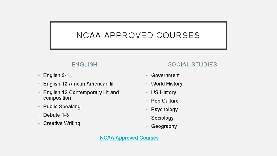 NCAA APPROVED COURSES ENGLISH SOCIAL STUDIES • English 9 -11 • Government • English