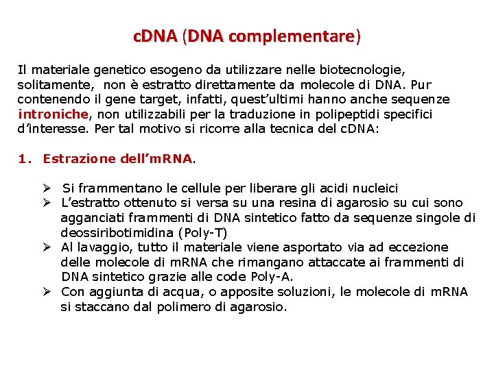 c. DNA (DNA complementare) complementare Il materiale genetico esogeno da utilizzare nelle biotecnologie, solitamente,