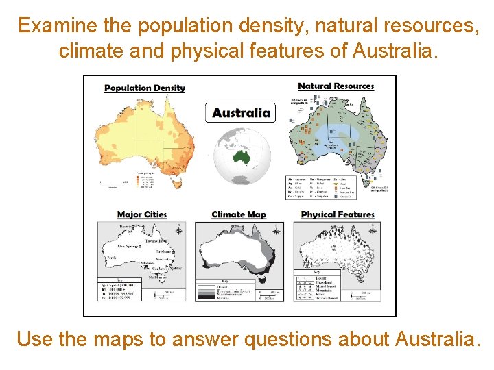 Examine the population density, natural resources, climate and physical features of Australia. Use the