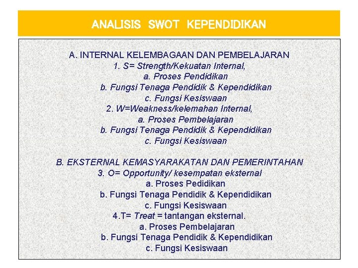 ANALISIS SWOT KEPENDIDIKAN A. INTERNAL KELEMBAGAAN DAN PEMBELAJARAN 1. S= Strength/Kekuatan Internal, a. Proses