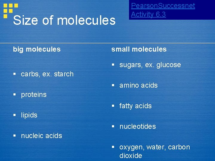 Size of molecules big molecules Pearson. Successnet Activity 6. 3 small molecules § sugars,