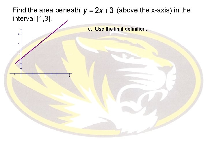 Find the area beneath interval [1, 3]. (above the x-axis) in the c. Use