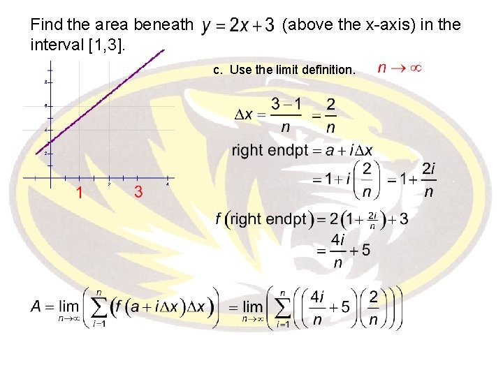 Find the area beneath interval [1, 3]. (above the x-axis) in the c. Use