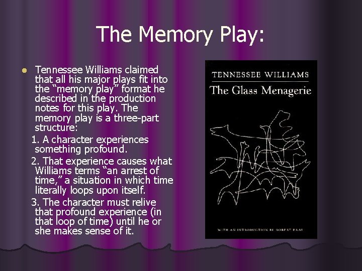 The Memory Play: l Tennessee Williams claimed that all his major plays fit into