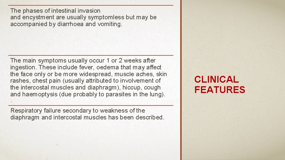 The phases of intestinal invasion and encystment are usually symptomless but may be accompanied