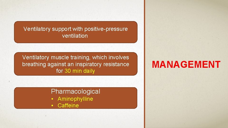 Ventilatory support with positive-pressure ventilation Ventilatory muscle training, which involves breathing against an inspiratory