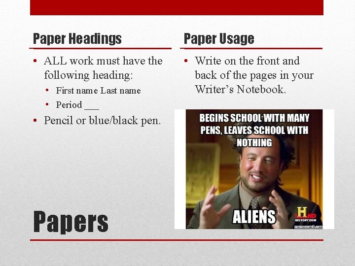 Paper Headings Paper Usage • ALL work must have the following heading: • Write