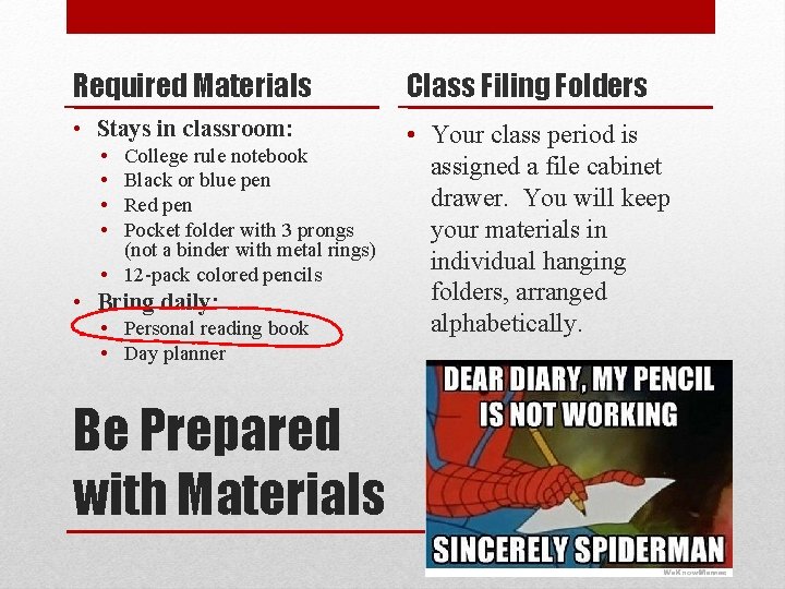 Required Materials Class Filing Folders • Stays in classroom: • Your class period is