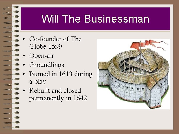 Will The Businessman • Co-founder of The Globe 1599 • Open-air • Groundlings •