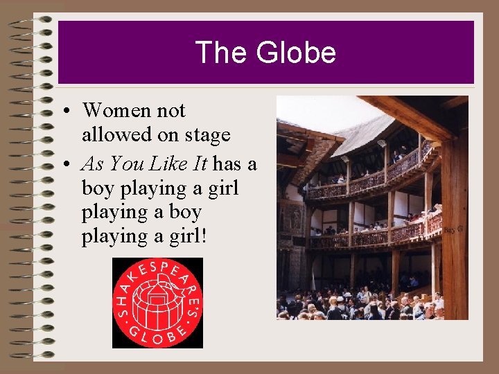 The Globe • Women not allowed on stage • As You Like It has