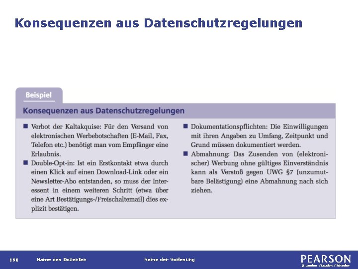 Konsequenzen aus Datenschutzregelungen 190 Name des Dozenten Name der Vorlesung © Laudon /Schoder 