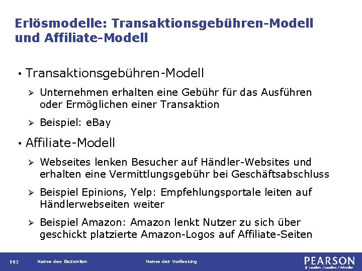 Erlösmodelle: Transaktionsgebühren-Modell und Affiliate-Modell • • 102 Transaktionsgebühren-Modell Ø Unternehmen erhalten eine Gebühr für