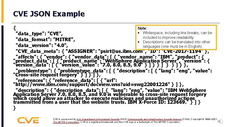 CVE JSON Example { Note: § Whitespace, including line breaks, can be "data_type": "CVE",