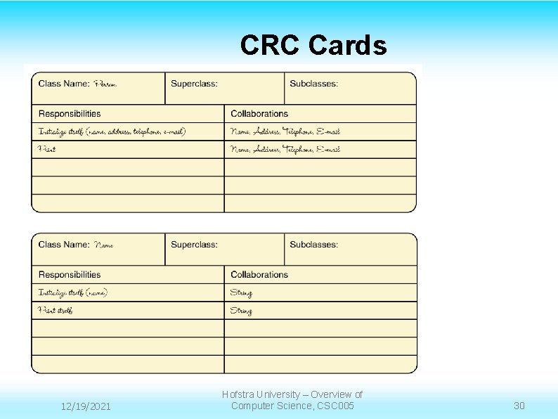 CRC Cards 12/19/2021 Hofstra University – Overview of Computer Science, CSC 005 30 