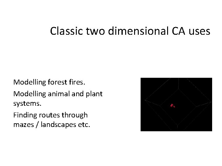 Classic two dimensional CA uses Modelling forest fires. Modelling animal and plant systems. Finding