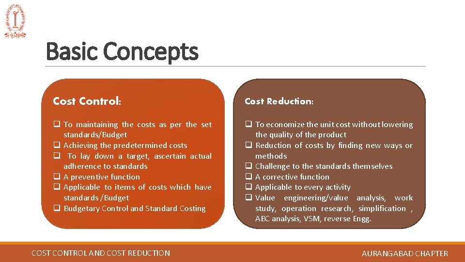 Basic Concepts Cost Control: Cost Reduction: q To maintaining the costs as per the
