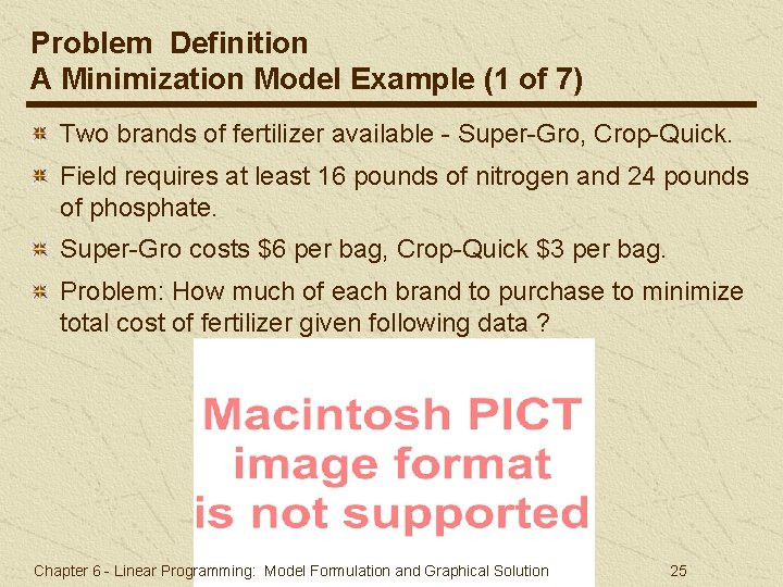 Problem Definition A Minimization Model Example (1 of 7) Two brands of fertilizer available Problem Definition A Minimization Model Example (1 of 7) Two brands of fertilizer available
