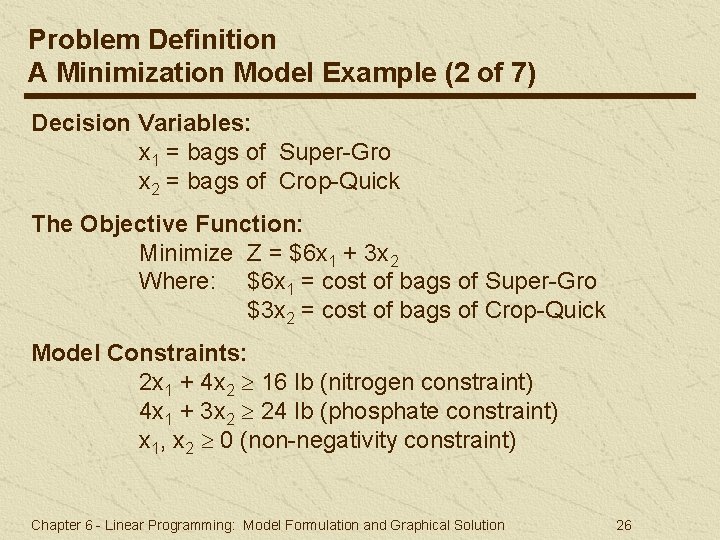 Problem Definition A Minimization Model Example (2 of 7) Decision Variables: x 1 = Problem Definition A Minimization Model Example (2 of 7) Decision Variables: x 1 =