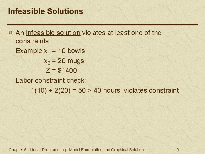 Infeasible Solutions An infeasible solution violates at least one of the constraints: Example x Infeasible Solutions An infeasible solution violates at least one of the constraints: Example x