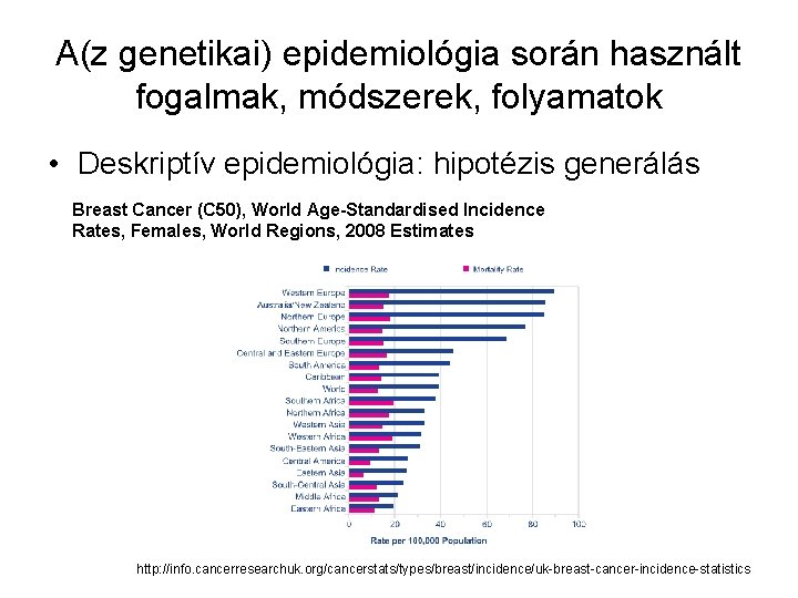 A(z genetikai) epidemiológia során használt fogalmak, módszerek, folyamatok • Deskriptív epidemiológia: hipotézis generálás Breast