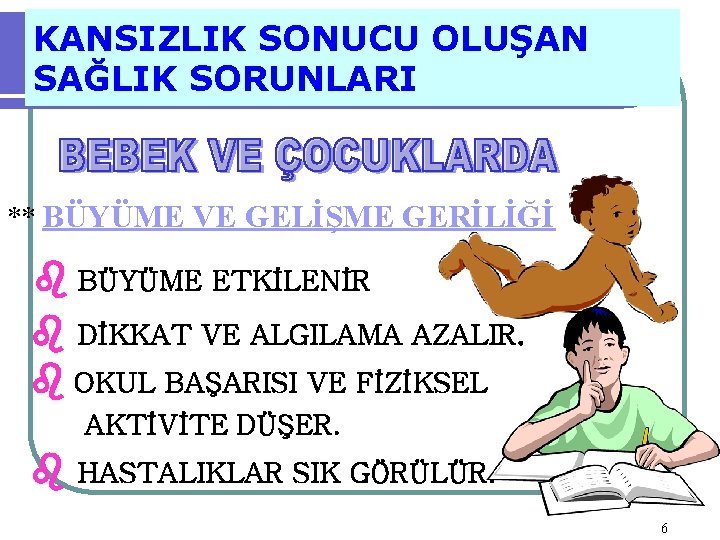 KANSIZLIK SONUCU OLUŞAN SAĞLIK SORUNLARI ** BÜYÜME VE GELİŞME GERİLİĞİ BÜYÜME ETKİLENİR DİKKAT VE