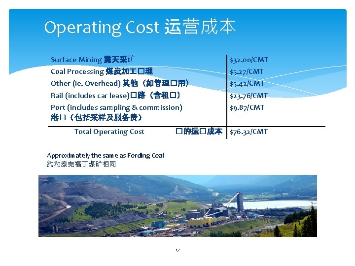 Operating Cost 运营成本 Surface Mining 露天采矿 Coal Processing 煤炭加 �理 $32. 00/CMT $5. 27/CMT