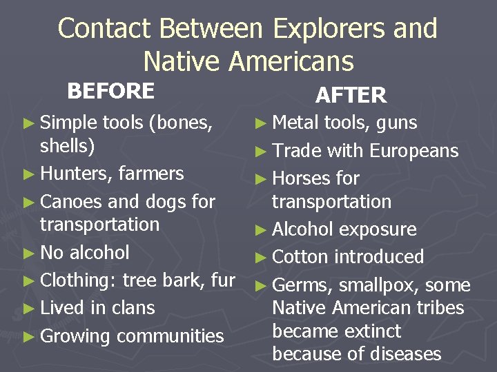 Contact Between Explorers and Native Americans BEFORE ► Simple tools (bones, AFTER ► Metal