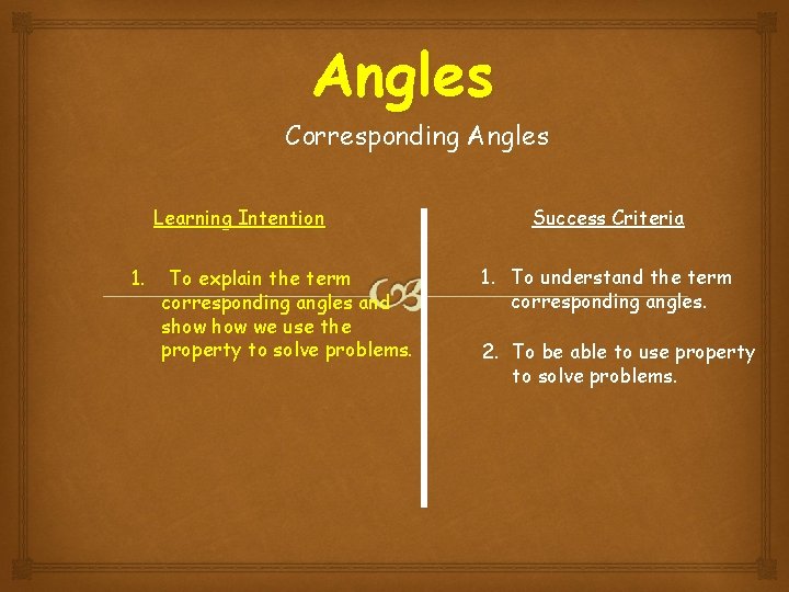 Angles Corresponding Angles Learning Intention 1. To explain the term corresponding angles and show
