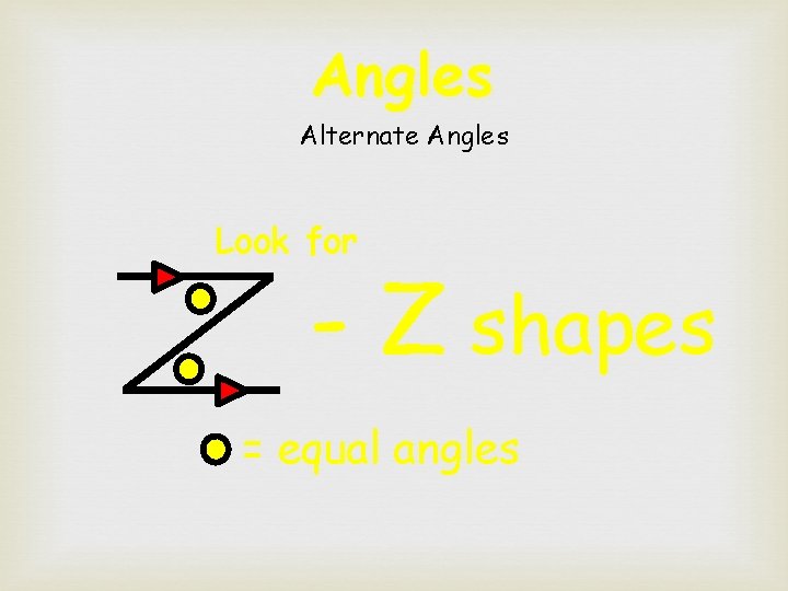 Angles Alternate Angles Look for - Z shapes = equal angles 