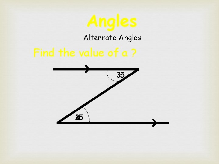 Angles Alternate Angles Find the value of a ? 35 35 a 